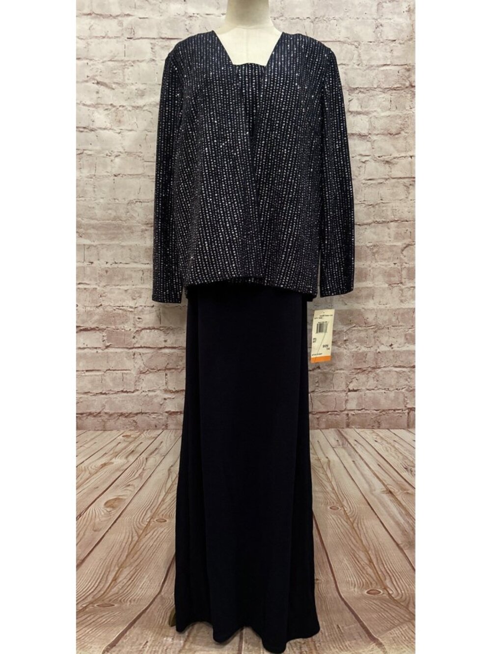 Onyx Nite 2 Pc Navy Blue Silver Sparkle Glitter Jacket & Dress Set Size 14 NEW